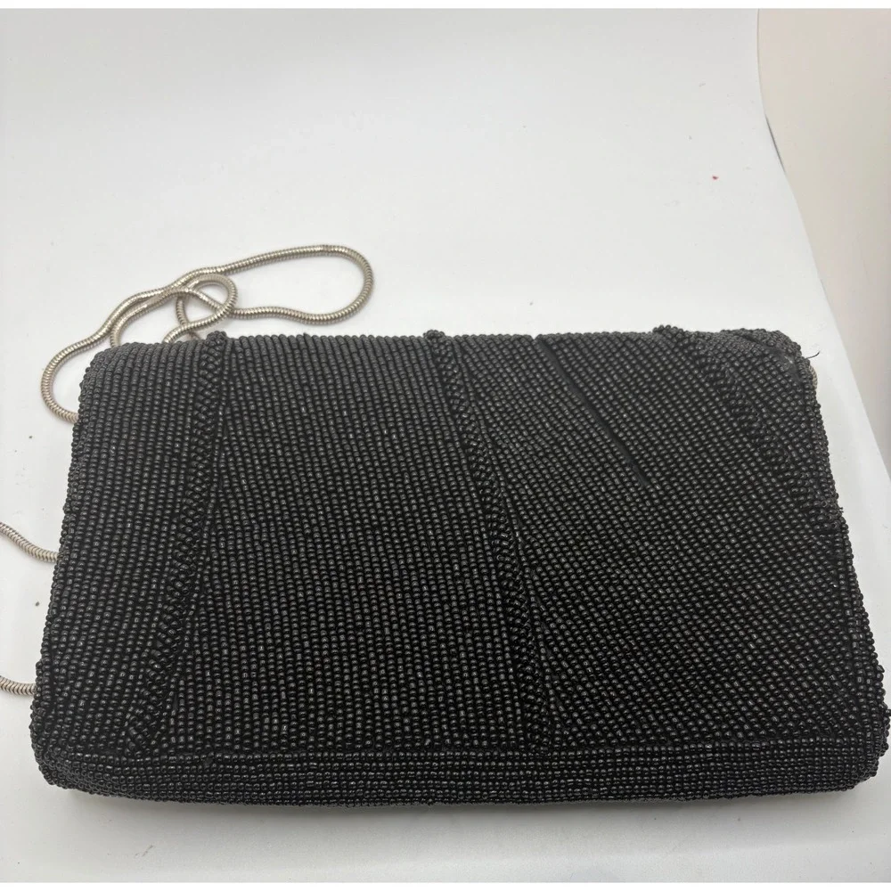 Black Beaded Clutch Evening Bag Silver Chain‎ Strap Formal Party Purse